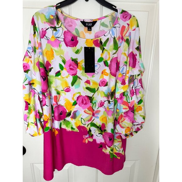 Slim Factor Blouse Investments Floral Womens Tunic Top Large 3/4 Ruffle Sleeve - Picture 4 of 10